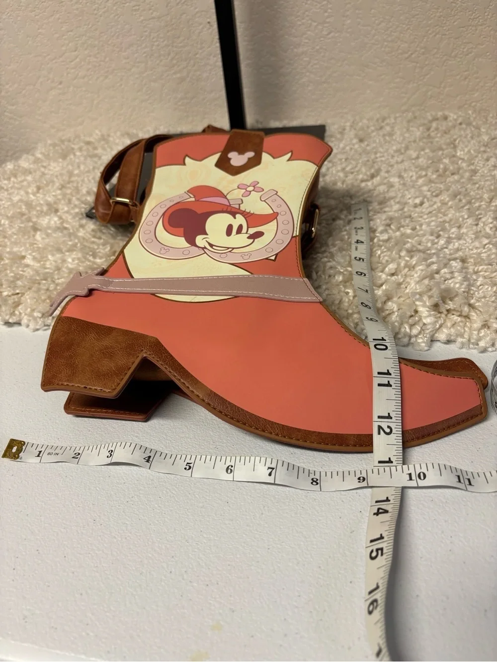 Disney Minnie Mouse Coral and Cream Cowgirl Boot Crossbody Bag